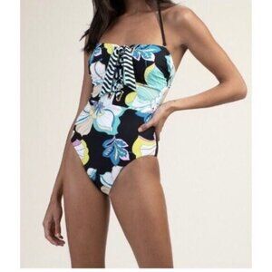 Trina Turk Black Sintra Floral Bandeau One Piece Swimsuit Size 8